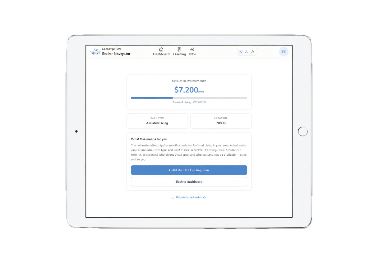 Senior Navigator Cost Estimator results screen