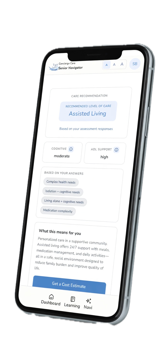 Senior Navigator Guided Care Plan results screen